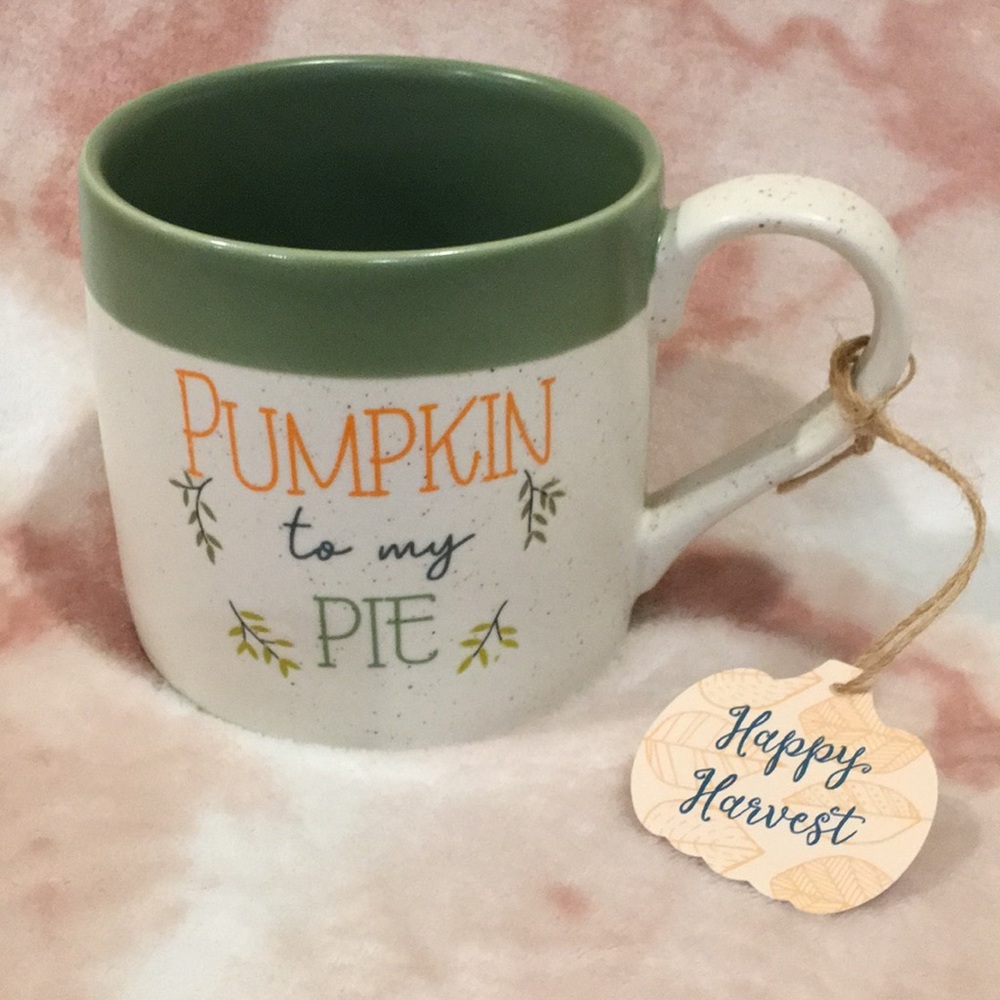 Pumpkin To My Pie Ceramic Stoneware Mug NWT 22 oz sage green & speckle white